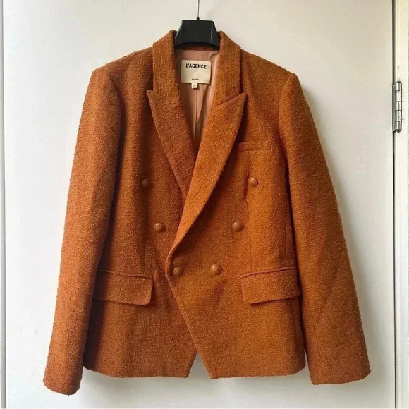 L'agence Kenzie Double-Breasted Tweed Blazer - Dark Caramel - Size 10 - Picture 5 of 14